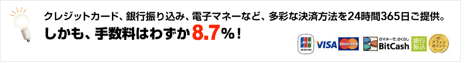 クレジットカード、銀行振り込み、電子マネーなど、多彩な決済方法を24時間365日ご提供。しかも、手数料はわずか8.5%！