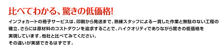 比べてわかる、驚きの低価格！インフォカートの冊子サービスは、印刷から発送まで、熟練スタッフによる一貫した作業と無駄のない工程の確立、さらには原材料のコストダウンを追求することで、ハイクオリティでありながら驚きの低価格を実現しています。他社と比べてみてください。その違いが実感できるはずです。