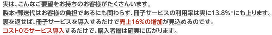 実は、こんなご要望をお持ちのお客様がたくさんいます。製本・郵送代はお客様の負担であるにも関わらず、冊子サービスの利用率は実に13.8%※にも上ります。裏を返せば、冊子サービスを導入するだけで売上16%の増加が見込めるのです。コスト0でサービス導入するだけで、購入者層は確実に広がります。