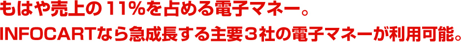 もはや売上の11％を占める電子マネー。INFOCARTなら急成長する主要3社の電子マネーが利用可能。
