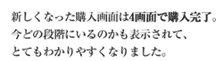 新しくなった購入画面は4画面で購入完了。今どの段階にいるのかも表示されて、とてもわかりやすくなりました。