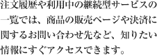 注文履歴や利用中の継続型サービスの一覧では、商品の販売ページや決済に関するお問い合わせ先など、知りたい情報にすぐアクセスできます。